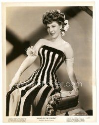 5d305 DINAH SHORE 8x10 still '43 seated portrait in great striped dress from Belle of the Yukon!