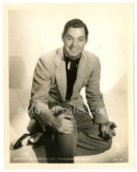 5d527 JOHNNY WEISSMULLER 8x10 still '30s smiling seated portrait wearing lots of clothes!