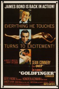 5h073 GOLDFINGER glossy finish 1sh '64 Sean Connery as James Bond + golden Shirley Eaton!