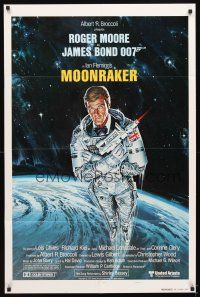 5h293 MOONRAKER style A int'l teaser 1sh '79 Goozee art of Roger Moore as James Bond in space!