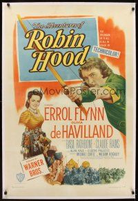 5j236 ADVENTURES OF ROBIN HOOD linen 1sh R48 Errol Flynn as Robin Hood, Olivia De Havilland