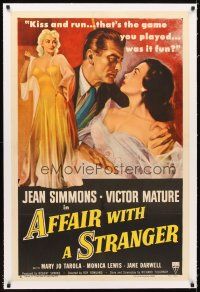 5j237 AFFAIR WITH A STRANGER linen 1sh '53 cool art of Jean Simmons, Victor Mature & sexy bad girl!