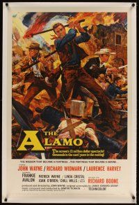 5j239 ALAMO linen 1sh '60 Brown art of John Wayne & Richard Widmark in the War of Independence!