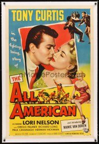 5j241 ALL AMERICAN linen 1sh '53 Tony Curtis kissing sexy Mamie Van Doren in her first, football!