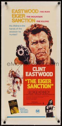 5j084 EIGER SANCTION linen Aust daybill '75 different c/u artwork fo Clint Eastwood pointing gun!