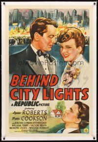 5j250 BEHIND CITY LIGHTS linen 1sh '45 artwork of pretty Lynne Roberts & New York City skyline!
