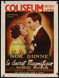 5j162 MAGNIFICENT OBSESSION linen pre-War Belgian '35 romantic c/u of Irene Dunne & Robert Taylor!