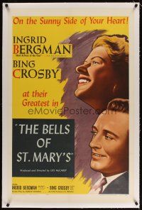 5j251 BELLS OF ST. MARY'S linen 1sh R57 art of smiling pretty Ingrid Bergman & Bing Crosby!