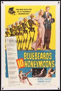 5j258 BLUEBEARD'S 10 HONEYMOONS linen 1sh '60 wild art of George Sanders with skeleton brides!
