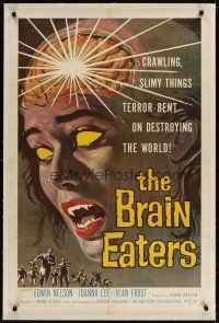 5j259 BRAIN EATERS linen 1sh '58 AIP, classic horror art of girl's brain exploding!