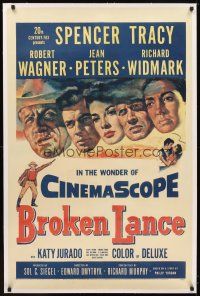 5j264 BROKEN LANCE linen 1sh '54 art of Spencer Tracy, Robert Wagner, Jean Peters, Richard Widmark!
