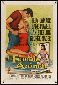 5j299 FEMALE ANIMAL linen 1sh '58 artwork of sexy Hedy Lamarr, Jane Powell & George Nader!