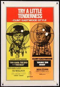 5j312 GOOD, THE BAD & THE UGLY/HANG 'EM HIGH linen 1sh '69 Clint Eastwood, try a little tenderness!