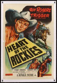 5j319 HEART OF THE ROCKIES linen 1sh '51 great artwork of cowboy Roy Rogers & his horse Trigger!