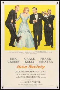 5j323 HIGH SOCIETY linen 1sh '56 art of Frank Sinatra, Bing Crosby, Grace Kelly & Louis Armstrong!