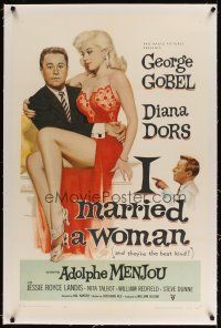 5j331 I MARRIED A WOMAN linen 1sh '58 artwork of sexiest Diana Dors sitting in George Gobel's lap!