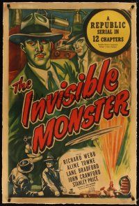 5j336 INVISIBLE MONSTER linen 1sh '50 Republic serial, madman master crook murders for millions!