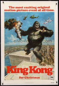 5j344 KING KONG linen teaser 1sh '76 John Berkey art of BIG Ape on the Twin Towers!