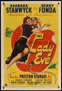 5j345 LADY EVE linen 1sh '41 Preston Sturges directed, art of Barbara Stanwyck & Henry Fonda!