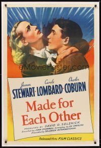 5j353 MADE FOR EACH OTHER linen 1sh R44 troubled young couple Carole Lombard & James Stewart!