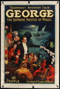 5j056 GEORGE THE SUPREME MASTER OF MAGIC linen magic poster '20s stone litho w/owls & devils!