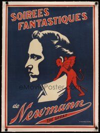 5j057 NEWMANN THE GREAT linen French magic poster '20s profile art of the magician with tiny devil!