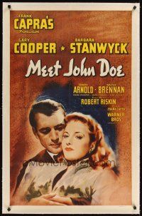 5j360 MEET JOHN DOE linen 1sh R40s art of Gary Cooper & Barbara Stanwyck, directed by Frank Capra!
