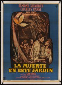 5j093 GINA linen Mexican poster '60 Luis Bunuel's La mort en ce jardin, art of Signoret & Vanel!