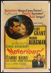 5j374 NOTORIOUS linen 1sh R54 close up of Cary Grant & Ingrid Bergman, Alfred Hitchcock classic!