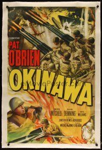 5j375 OKINAWA linen 1sh '52 Pat O'Brien in World War II Japan, cool military battle art!