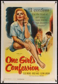 5j376 ONE GIRL'S CONFESSION linen 1sh '53 bad girl Cleo Moore is the kind of girl every man wants!