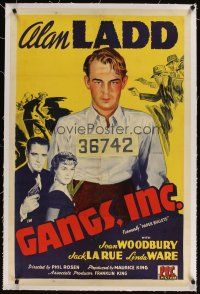 5j381 PAPER BULLETS linen 1sh R1943 cool stone litho of Alan Ladd, who is now top billed, Gangs, Inc!