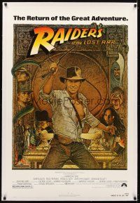 5j396 RAIDERS OF THE LOST ARK linen 1sh R82 different art of Harrison Ford by Richard Amsel!