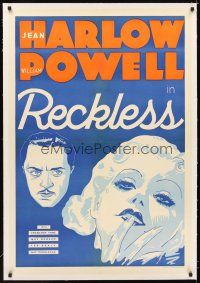 5j398 RECKLESS linen Leader Press 1sh '35 different artwork of sexy Jean Harlow & William Powell!