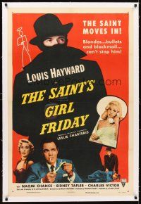 5j405 SAINT'S GIRL FRIDAY linen 1sh '54 blondes and bullets can't stop Louis Hayward!