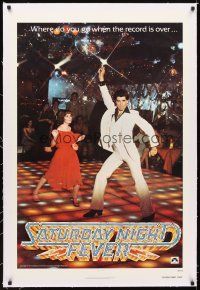 5j409 SATURDAY NIGHT FEVER linen teaser 1sh '77 disco dancers John Travolta & Karen Lynn Gorney!