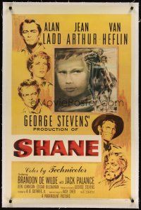 5j413 SHANE linen 1sh '53 classic western, Alan Ladd, Jean Arthur, Van Heflin, Brandon De Wilde
