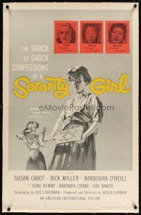 5j422 SORORITY GIRL linen 1sh '57 AIP, the shock by shock confessions of a bad girl, great art!