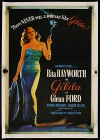 5j465 GILDA linen 15x21 REPRO poster '90s sexiest smoking Rita Hayworth full-length in sheath dress