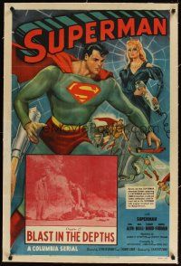 5j437 SUPERMAN linen chapter 12 1sh '48 super hero Kirk Alyn in costume in inset catching bad guys!