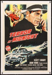 5j442 TERROR AT MIDNIGHT linen 1sh '56 Scott Brady, Joan Vohs, film noir, cool car crash art!