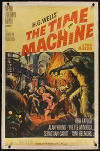 5j447 TIME MACHINE linen 1sh '60 H.G. Wells, George Pal, great Reynold Brown sci-fi artwork!