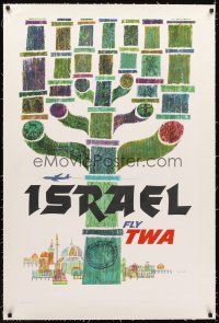 5j042 FLY TWA ISRAEL linen travel poster '60s cool art of Menorah & Jerusalem by David Klein!