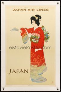5j043 JAPAN AIR LINES JAPAN linen Japanese travel poster 1960s cool full-length art of geisha girl!