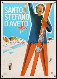 5j045 SANTO STEFANO D'AVETO linen Italian travel poster '50s cool female skiing art by Mario Puppo!