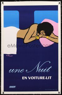 5j049 SNCF UNE NUIT EN VOITURE-LIT linen French travel poster '73 sexy railroad art by Villemot!
