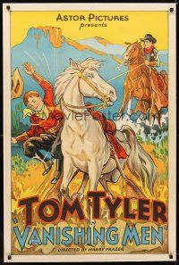 5j452 VANISHING MEN linen 1sh R30s art of sheriff Tom Tyler on horseback lassoing bad guy!