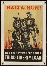 5j054 HALT THE HUN BUY U.S. GOVERNMENT BONDS linen 20x30 WWI war poster '18 art by H.P. Raleigh!