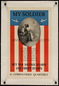 5j055 MY SOLDIER linen 14x22 WWI war poster '17 great art of small child saying kid's prayer!