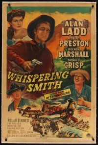 5j459 WHISPERING SMITH linen 1sh '49 Alan Ladd's first in Technicolor, cool cowboy artwork!